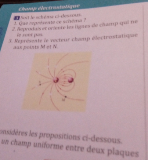 Champ électrostatique 
E Soit le schéma ci-dessous. 
1. Que représente ce schéma ? 
2. Reproduis et oriente les lignes de champ qui ne 
le sont pas. 
3. Représente le vecteur champ électrostatique 
aux points M et N. 
onsidères les propositions ci-dessous. 
un champ uniforme entre deux plaques