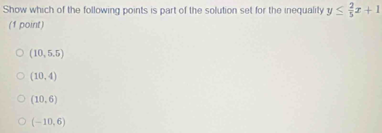 Show which of the following points is part of the solution set for the inequality y≤  2/5 x+1
(1 point)
(10,5.5)
(10,4)
(10,6)
(-10,6)