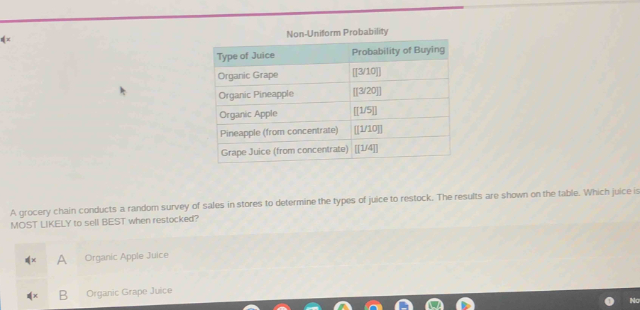 Non-Uniform Probability
A grocery chain conducts a random survey of sales in stores to determine the types of juice to restock. The results are shown on the table. Which juice is
MOST LIKELY to sell BEST when restocked?
A Organic Apple Juice
B Organic Grape Juice
Nc