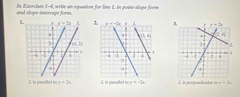 In Exercises 1-4, write an equation for line L in point-slope form
and slope-intercept form.
1
23

L is parallel to y=2x. L is parallel to y=-2x. L is perpendicular to y=2x.