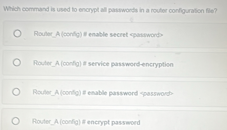 Solved: Which command is used to encrypt all passwords in a router ...