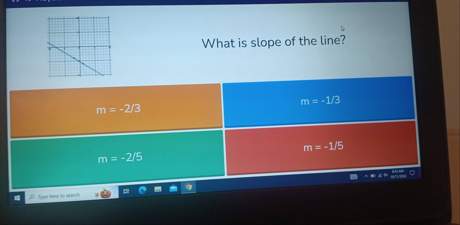 What is slope of the line?
m=-1/3
m=-2/3
m=-1/5
m=-2/5
Type here to search