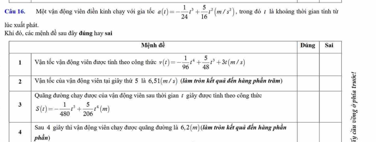 Một vận động viên điền kinh chạy với gia tốc a(t)=- 1/24 t^3+ 5/16 t^2(m/s^2) , trong đó  là khoảng thời gian tính từ
lúc xuất phát.
Khi đó, các mệnh đề sau đây đúng hay sai
phần)