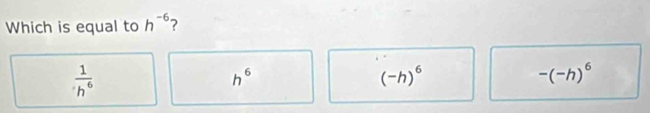 Which is equal to h^(-6) ?
 1/h^6 
h^6
(-h)^6
-(-h)^6