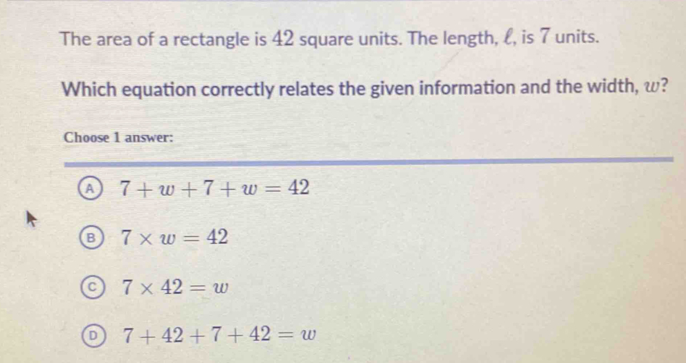 Solved: The area of a rectangle is 42 square units. The length, l, is 7 ...