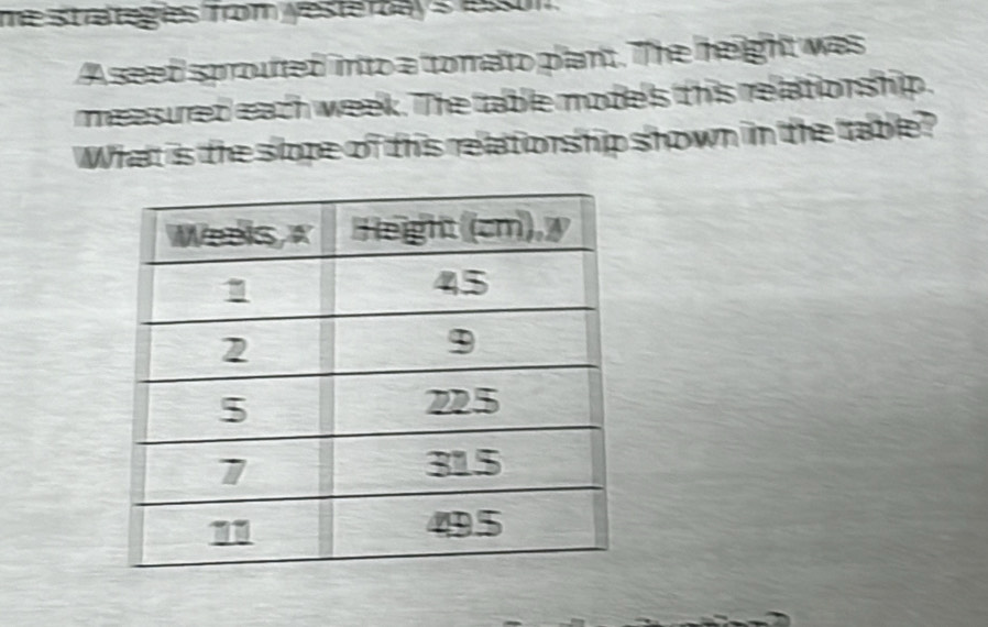 me strategies from yesterbay's esson 
A seed sproufted into a tomato plant. The height was 
measured each week. The table models this relationship. 
What is the slope of this relationship shown in the table?