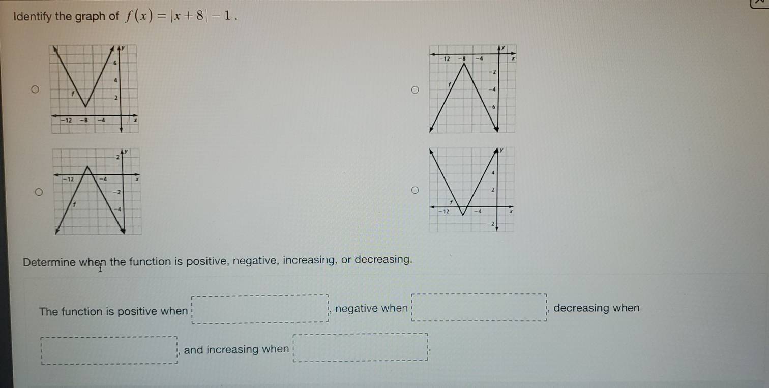 Identify the graph of f(x)=|x+8|-1. 

Determine when the function is positive, negative, increasing, or decreasing. 
The function is positive when □ negative when □ decreasing when 
□ and increasing when □