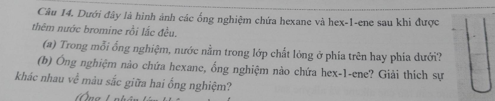 Dưới đây là hình ảnh các ống nghiệm chứa hexane và hex- 1 -ene sau khi được 
thêm nước bromine rồi lắc đều. 
(a) Trong mỗi ống nghiệm, nước nằm trong lớp chất lỏng ở phía trên hay phía dưới? 
(b) Ông nghiệm nào chứa hexane, ống nghiệm nào chứa hex- 1 -ene? Giải thích sự 
khác nhau về màu sắc giữa hai ống nghiệm? 
Ông Lnhân