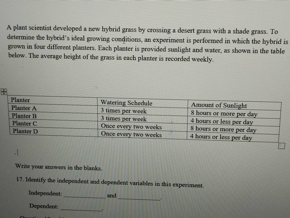 A plant scientist developed a new hybrid grass by crossing a desert grass with a shade grass. To 
determine the hybrid’s ideal growing conditions, an experiment is performed in which the hybrid is 
grown in four different planters. Each planter is provided sunlight and water, as shown in the table 
below. The average height of the grass in each planter is recorded weekly. 
Write your answers in the blanks. 
17. Identify the independent and dependent variables in this experiment. 
Independent:_ and 
_. 
Dependent: 
_.