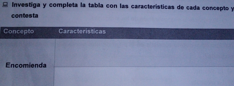 Investiga y completa la tabla con las características de cada concepto y 
contesta 
Concepto Características 
Encomienda