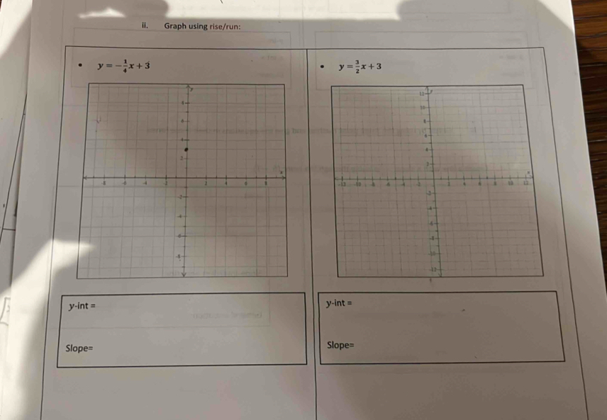 Graph using rise/run:
y=- 1/4 x+3
y= 3/2 x+3

y-int=
y-int=
Slope= Slope=