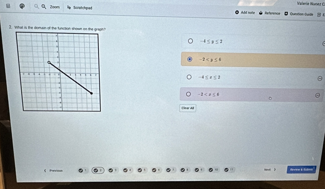 Valeríe Nunez C
Zoom Scratchpad
Add note Reference Question Guide
2. What is the domain of the function shown on the graph?
-4≤ y≤ 2
-2
-4≤ x≤ 2
-2
Clear All
11
《 Previous Next ) Review & Sutmi