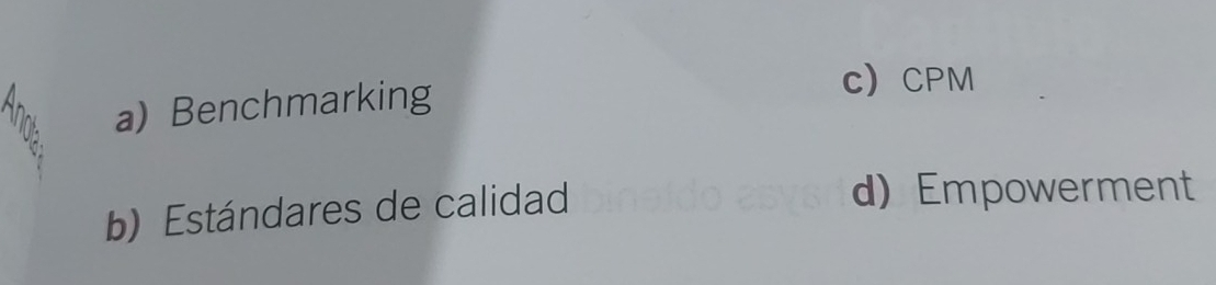 a) Benchmarking
c CPM
b) Estándares de calidad
d)Empowerment