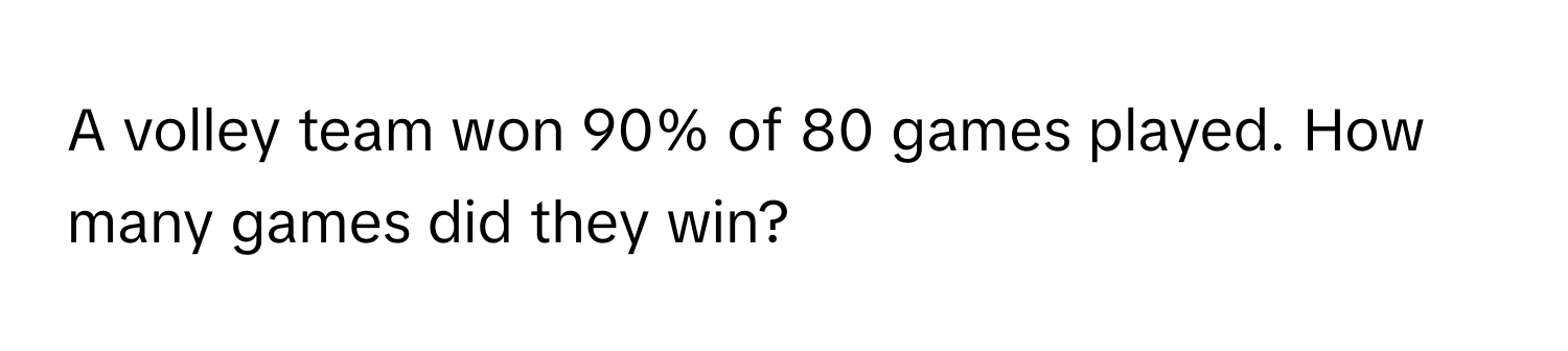 A volley team won 90% of 80 games played. How many games did they win?