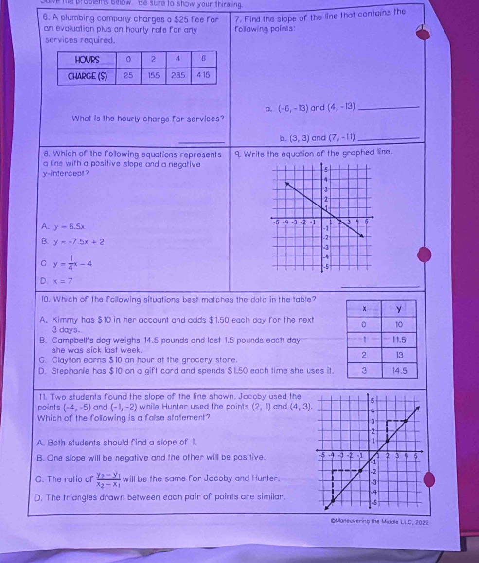 ove the broblems below. Be sure to show your thinking.
6. A plumbing company charges a $25 fee for 7. Find the slope of the line that contains the
an evaluation plus an hourly rate for any following points:
services required.
a. (-6,-13) and (4,-13) _
What is the hourly charge for services?
b. (3,3) and (7,-11) _
8. Which of the following equations represents 9. Write the equation of the graphed line.
a line with a positive slope and a negative 
y-intercept?
A. y=6.5x
B. y=-7.5x+2
C y= 1/4 x-4
D. x=7
10. Which of the following situations best matches the data in the table?
A. Kimmy has $10 in her account and adds $1.50 each day for the next
3 days.
B. Campbell's dog weighs 14.5 pounds and lost 1.5 pounds each day
she was sick last week.
C. Clayton earns $10 an hour at the grocery store.
D. Stephanie has $10 on a gift card and spends $1.50 each time she uses it.
11. Two students found the slope of the line shown. Jacoby used the
points (-4,-5) and (-1,-2) while Hunter used the points (2,1) and (4,3). 
Which of the following is a false statement?
A. Both students should find a slope of 1.
B. One slope will be negative and the other will be positive.
C. The ratio of frac y_2-y_1x_2-x_1will be the same for Jacoby and Hunter.
D. The triangles drawn between each pair of points are similar.
#Maneuvering the Middle LLC, 2022