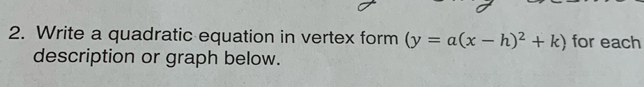 Write a quadratic equation in vertex form (y=a(x-h)^2+k) for each 
description or graph below.