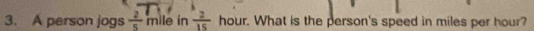 A person jogs  2/5  mile in  2/15  hour. What is the person's speed in miles per hour?