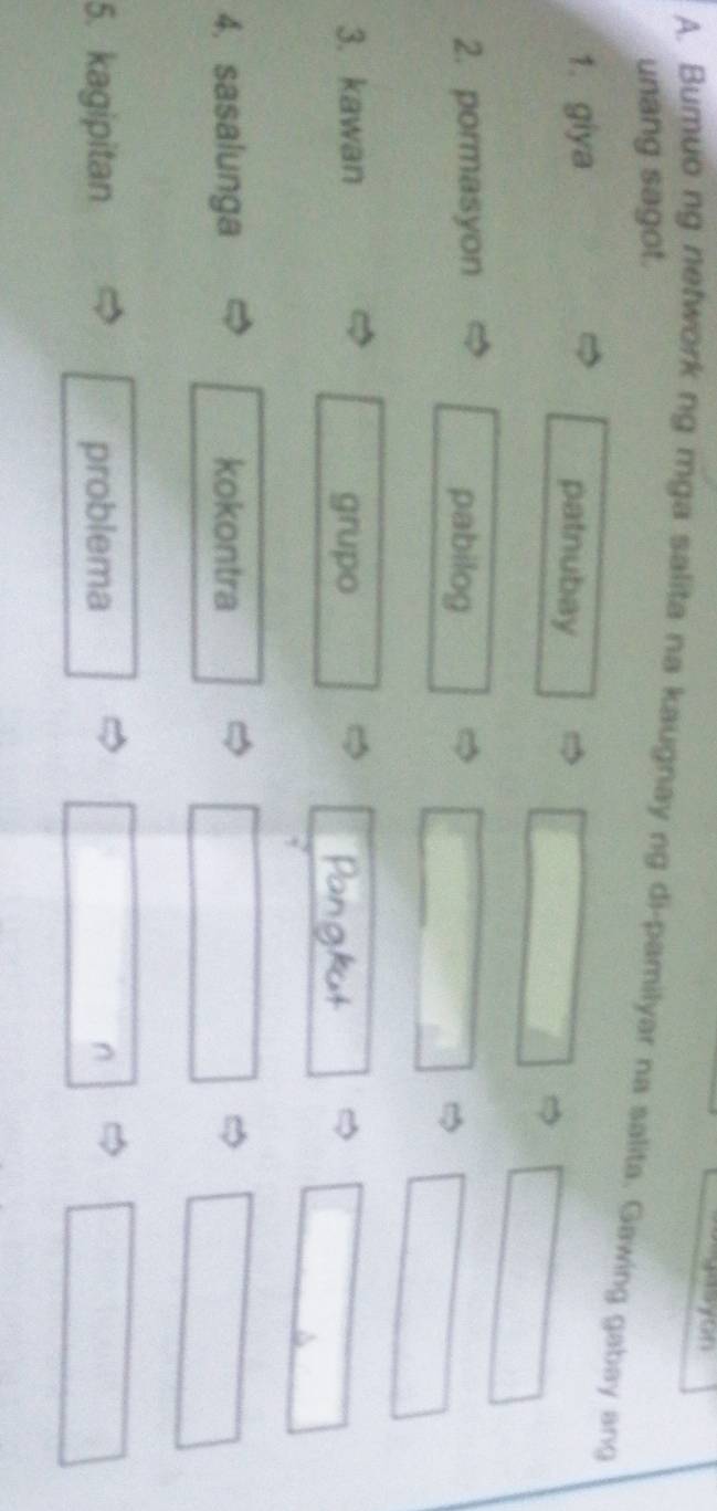 Bumuo ng network ng mga salita na kaugnay ng di-pamilyar na salita. Gawing gabay ang 
unang sagot. 
1. giya patnubay 

2. pormasyon pabilog 
3. kawan grupo 
Vangra 
4. sasalunga kokontra 
5. kagipitan problema n