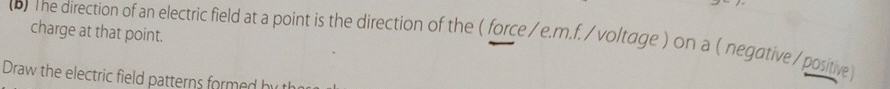 The direction of an electric field at a point is the direction of the ( force /e.m.f. / voltage ) on a ( negative / positive ) charge at that point. 
Draw the electric field patterns formed h