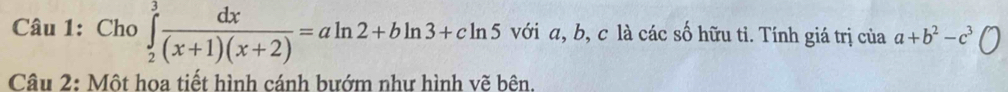 Cho ∈tlimits _2^(3frac dx)(x+1)(x+2)=aln 2+bln 3+cln 5 với a, b, c là các số hữu tỉ. Tính giá trị của a+b^2-c^3
Câu 2: Một hoa tiết hình cánh bướm như hình vẽ bên.