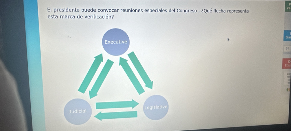 El presidente puede convocar reuniones especiales del Congreso . ¿Qué flecha representa 
esta marca de verificación? 
tra 
01 
HOW 
D 
Etal