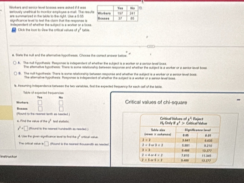 Workers and senior-level bosses were asked if it was
seriously unethical to monitor employes e-mail. The resul
are summarized in the table to the right. Use a 0.05 
significance level to test the claim that the response is
independent of whether the subject is a worker or a boss.
Click the icon to view the critical values of x^2 tatle .
a. State the null and the alternative hypotheses. Choose the correct answer below.
A. The nuli hypothesis: Response is independent of whether the subject is a worker or a senior-level boss,
The afternative hypothesis: There is some relationship between response and whether the subject is a worker or a senior-level boss.
B. The null hypothesis: There is some retationship between response and whether the subject is a worker or a senior-level boss.
The alternative hypothesis: Response is independent of whether the subject is a worker or a senior-level boss.
b. Assuming indspendence between the two variables, find the expected frequency for each cell of the table.
Table of expected frequencies
Yes No
Workers Critical values of chi-square
Bosses
(Flound to the nearest tenth as neaded.)
c. Find the value of the x^2 test statistic
x^2=□ (Round to the nearest hundredth as needed.) 
d. Use the given signdicance level to find the x^2 critical value.
The critical vislue is □ (Round to the nearest thousandth as needed 
Instructor