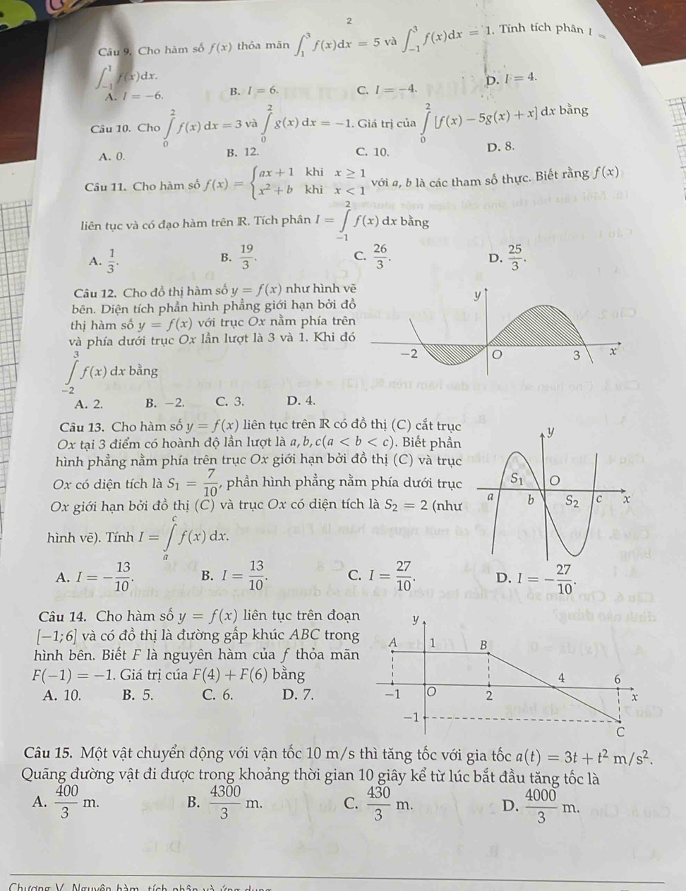 Câu 9, Cho hàm số f(x) thỏa mãn ∈t _1^(3f(x)dx=5 và ∈t _(-1)^3f(x)dx=1 , Tính tích phân 1
D. I=4.
∈t _(-1)^1f(x)dx. B. I=6. C. I=-4.
A. I=-6.
Câu 10. Cho ∈tlimits _0^2f(x)dx=3 và ∈tlimits _0^2g(x)dx=-1. Giá trị của ∈tlimits _0^2[f(x)-5g(x)+x] dx bằng
C. 10.
A. 0. B. 12. D. 8
khi
Câu 11. Cho hàm số f(x)=beginarray)l ax+1 x^2+bendarray. khi □ beginarrayr x≥ 1 x<1endarray với #, b là các tham số thực. Biết rằng f(x)
liên tục và có đạo hàm trên R. Tích phân I=∈tlimits _(-1)^2f(x)dx bằng
A.  1/3 .  19/3 . C.  26/3 .  25/3 .
B.
D.
Câu 12. Cho đồ thị hàm số y=f(x) như hình v
bên. Diện tích phần hình phẳng giới hạn bởi đ
thị hàm số y=f(x) với trục Ox nằm phía trê
và phía dưới trục Ox lần lượt là 3 và 1. Khi đ
3
∈t f(x)dx bằng
-2
A. 2. B. -2. C. 3. D. 4.
Câu 13. Cho hàm số y=f(x) liên tục trên R có đồ thị (C) cắt trục
Ox tại 3 điểm có hoành độ lần lượt là a,b,c(a Biết phần
hình phẳng nằm phía trên trục Ox giới hạn bởi đồ thị (C) và trục
Ox có diện tích là S_1= 7/10  , phần hình phẳng nằm phía dưới trục
Ox giới hạn bởi đồ thị (C) và trục Ox có diện tích là S_2=2 (như
hình vē). Tính I=∈t _a^(cf(x)dx.
A. I=-frac 13)10. B. I= 13/10 . C. I= 27/10 . I=- 27/10 .
D.
Câu 14. Cho hàm số y=f(x) liên tục trên đoạn y
[-1;6] và có đồ thị là đường gấp khúc ABC trong A 1 B
hình bên. Biết F là nguyên hàm của f thỏa mãn
F(-1)=-1. Giá trị cúa F(4)+F(6) bằng 4 6
A. 10. B. 5. C. 6. D. 7. -1 2 x
-1
C
Câu 15. Một vật chuyển động với vận tốc 10 m/s thì tăng tốc với gia tốc a(t)=3t+t^2m/s^2.
Quãng đường vật đi được trong khoảng thời gian 10 giây kể từ lúc bắt đầu tăng tốc là
B.
A.  400/3 m.  4300/3 m. C.  430/3 m.  4000/3 m.
D.