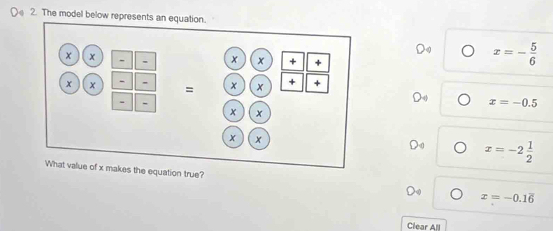 The model below represents an equation.
× x - - x + +
x
x=- 5/6 
x x - - = x + +
x=-0.5
- -
x x
x x
x=-2 1/2 
What value of x makes the equation true?
x=-0.1overline 6
Clear All