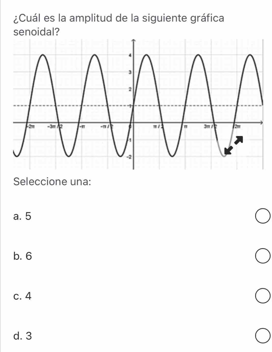 ¿Cuál es la amplitud de la siguiente gráfica
senoidal?
Seleccione una:
a. 5
b. 6
c. 4
d. 3