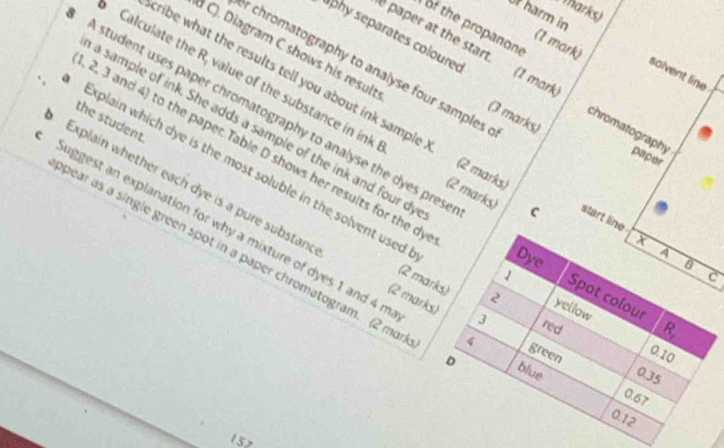 Yharks)
Of harm in
of the propanon e
phy separates coloures
(1 mark)
C). Diagram C shows his result
r chromatography to analyse four samples
solvent line
Calculate the R, value of the substance in ink
paper at the start. (1 mor chromatography paper
A student uses paper chromatography to analyse the dyes pres
(3 marks)
ribe what the results tell you about ink sample X. (2 mas (2 marks) C start lin
the student.
a sample of ink. She adds a sample of the ink and four d
Explain which dye is the most soluble in the solvent used
Explain whether each dye is a pure substan
2, 3 and 4) to the paper. Table D shows her results for the d
Suggest an explanation for why a mixture of dyes 1 and 4 n
pear as a single green spot in a paper chromatogram. (2 ma
C
(2 m
(2 mar
15>