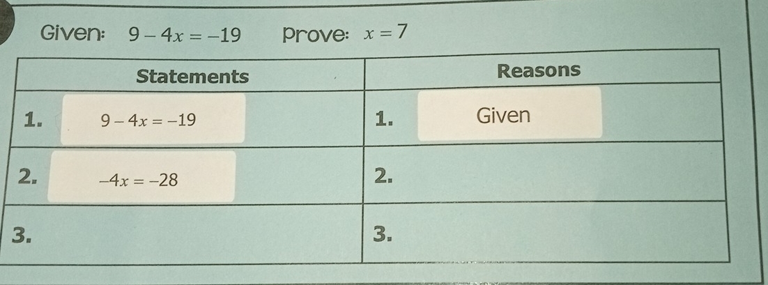 Given: 9-4x=-19 prove: x=7