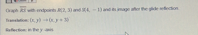 Graph overline RS with endpoints R(2,3) and S(4,-1) and its image after the glide reflection. 
Translation: (x,y)to (x,y+3)
Reflection: in the y -axis