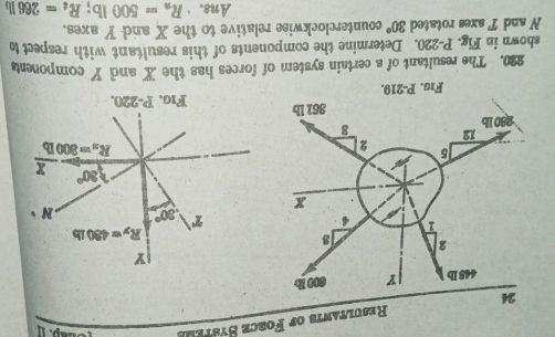 Resultants of Force Sys
448 lb Y 600 lb
Y
2 s
R_y=480lb
1 4
T 300° N 、
x
30° x
5
2
R_n=800lb
12 8
280 lb
361 lb Fıa. P-220. 
Fıg. P-219. 
220. The resultant of a certain system of forces has the X and Y component 
shown in Fig. P-220. Determine the components of this resultant with respect to
N and T axes rotated 30° counterclockwise relative to the X and Y axes. 
Ans. R_n=500lb; R_t=266lb