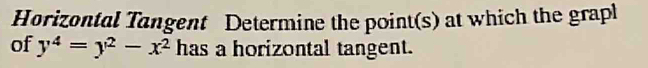 Horizontal Tangent Determine the point(s) at which the grapl 
of y^4=y^2-x^2 has a horizontal tangent.