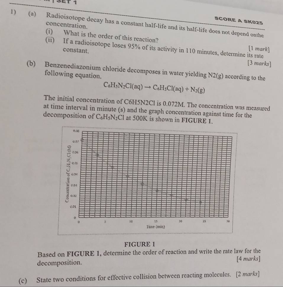 SET 1 
SCORE A SK025 
1) (a) Radioisotope decay has a constant half-life and its half-life does not depend onthe 
concentration. 
(i) What is the order of this reaction? [1 mark] 
(ii) If a radioisotope loses 95% of its activity in 110 minutes, determine its rate 
constant. [3 marks] 
(b) Benzenediazonium chloride decomposes in water yielding N2(g) according to the 
following equation.
C_6H_5N_2Cl(aq)to C_6H_5Cl(aq)+N_2(g)
The initial concentration of C6H5N2Cl is 0.072M. The concentration was measured 
at time interval in minute (s) and the graph concentration against time for the 
decomposition of C_6H_5N_2Cl at 500K is shown in FIGURE 1. 
FIGURE 1 
Based on FIGURE 1, determine the order of reaction and write the rate law for the 
decomposition. [4 marks] 
(c) State two conditions for effective collision between reacting molecules. [2 marks]