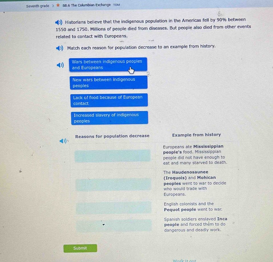 Seventh grade BB.6 The Columbian Exchange TDM
Historians believe that the indigenous population in the Americas fell by 90% between
1550 and 1750. Millions of people died from diseases. But people also died from other events
related to contact with Europeans.
Match each reason for population decrease to an example from history.
Wars between indigenous peoples
) and Europeans
New wars between indigenous
peoples
Lack of food because of European
contact
Increased slavery of indigenous
peoples
Reasons for population decrease Example from history

Europeans ate Mississippian
people's food. Mississippian
people did not have enough to
eat and many starved to death.
The Haudenosaunee
(Iroquois) and Mohican
peoples went to war to decide
who would trade with
Europeans.
English colonists and the
Pequot people went to war.
Spanish soldiers enslaved Inca
people and forced them to do
dangerous and deadly work.
Submit
Work it ou