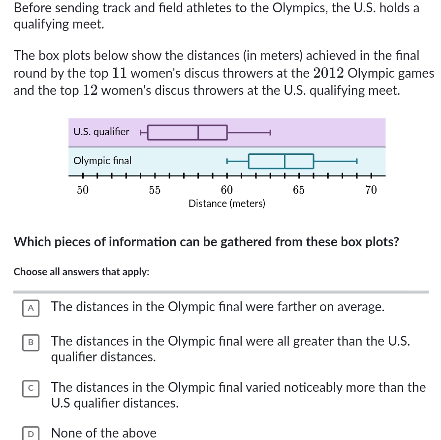 Before sending track and field athletes to the Olympics, the U.S. holds a
qualifying meet.
The box plots below show the distances (in meters) achieved in the final
round by the top 11 women's discus throwers at the 2012 Olympic games
and the top 12 women's discus throwers at the U.S. qualifying meet.
Which pieces of information can be gathered from these box plots?
Choose all answers that apply:
A The distances in the Olympic final were farther on average.
B The distances in the Olympic final were all greater than the U.S.
qualifer distances.
c The distances in the Olympic fınal varied noticeably more than the
U.S qualifier distances.
DNone of the above