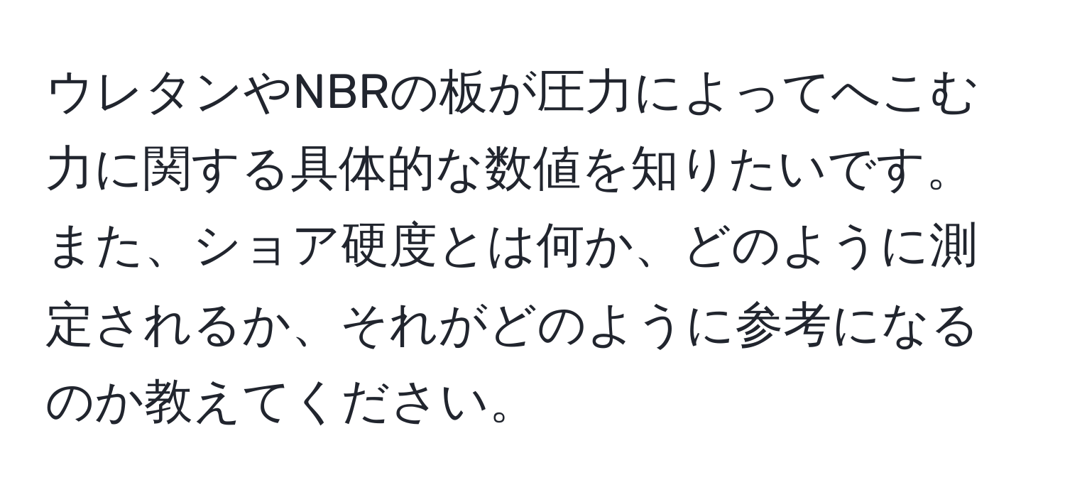 ウレタンやNBRの板が圧力によってへこむ力に関する具体的な数値を知りたいです。また、ショア硬度とは何か、どのように測定されるか、それがどのように参考になるのか教えてください。