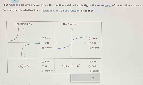 Four functions are given below. Either the function is defined explicitly, or the entire graph of the function is shown.
For each, decide whether it is an even function, an odd function, or neither.
The function r The function s
EvenEven
OddOdd
NeitherNeither
Even Even
g(x)=6x^3 Odd h(x)=5x^4-4x^3 Odd
Neither Neither
×