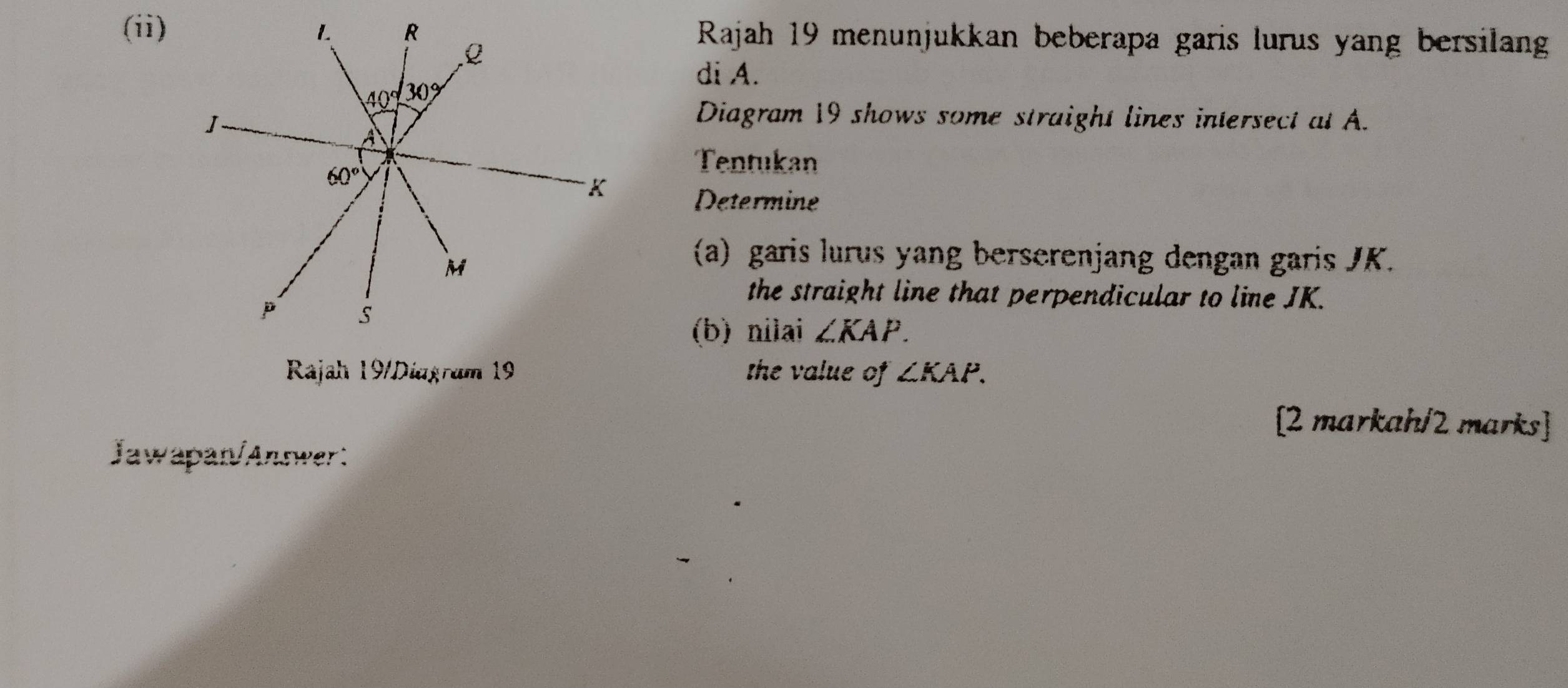 (ii) Rajah 19 menunjukkan beberapa garis lurus yang bersilang
di A.
Diagram 19 shows some straight lines intersect at A.
Tentukan
Determine
(a) garis lurus yang berserenjang dengan garis JK.
the straight line that perpendicular to line JK.
(b) nilai ∠ KAP.
Rajah 19/Diagram 19 the value of ∠ KAP.
[2 markah/2 marks]
Jawapan/Answer: