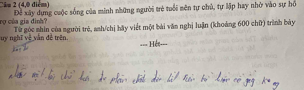 (4,0 điểm) 
Để xây dựng cuộc sống của mình những người trẻ tuổi nên tự chủ, tự lập hay nhờ vào sự hỗ 
rợ của gia đình? 
Từ góc nhìn của người trẻ, anh/chị hãy viết một bài văn nghị luận (khoảng 600 chữ) trình bày 
suy nghĩ về vấn đề trên. 
=== Hết--=