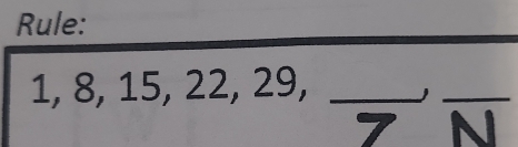 Rule:
1, 8, 15, 22, 29, _j_
7 N