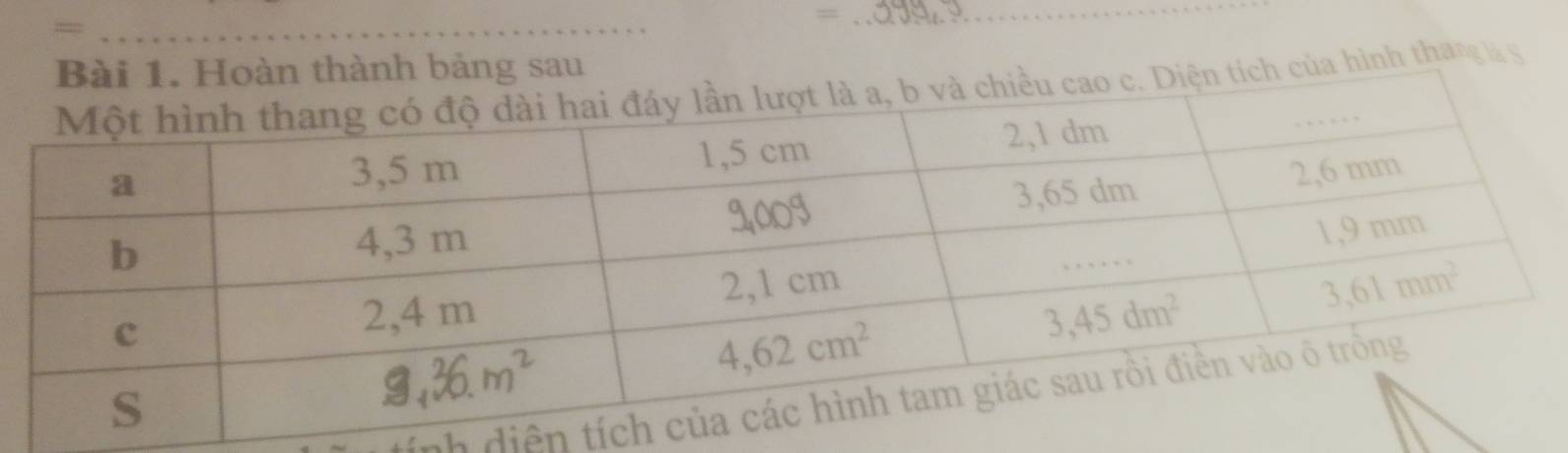 =
= _
Bài 1. Hoàn thành bảng sau
ện tích của hình thang là s
Ch diện