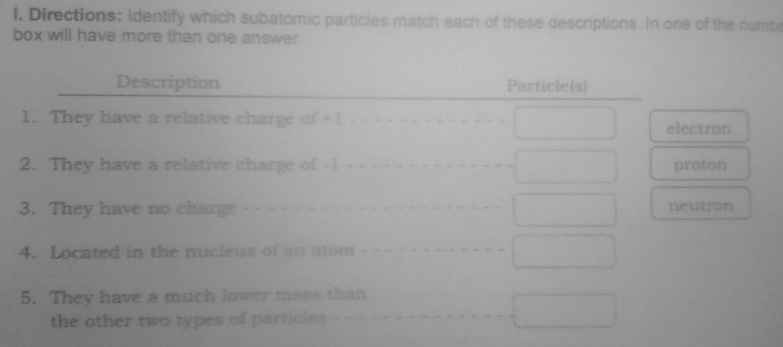 Directions: Identify which subatomic particles match each of these descriptions. In one of the numbe 
box will have more than one answer.