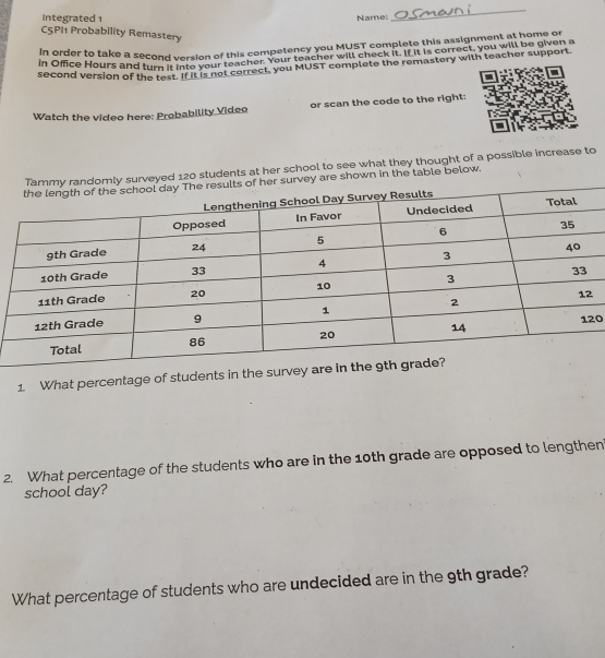 Integrated 1 
Name 
_ 
C5PI1 Probability Remastery 
In order to take a second version of this competency you MUST complete this assignment at home or 
In Office Hours and turnd version o teacher. Your teacher will check it. If it is correct, you will be given a 
second version of the test. If it is not correct, you MUST complete the remastery with teacher support. 
Watch the video here: Probability Video or scan the code to the right: 
veyed 120 students at her school to see what they thought of a possible increase to 
y are shown in the table below. 
0 
1 What percentage of students i 
2. What percentage of the students who are in the 10th grade are opposed to lengthen 
school day? 
What percentage of students who are undecided are in the 9th grade?