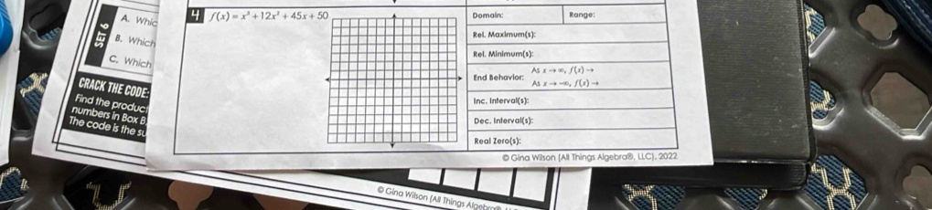 A. Whic
4 f(x)=x^3+12x^2+45x+50
B. Which
C. Which
CRACK THE CODE:
Find the produc
numbers in Box B
The code is the s
© Gína Wilson (All Things Algebr