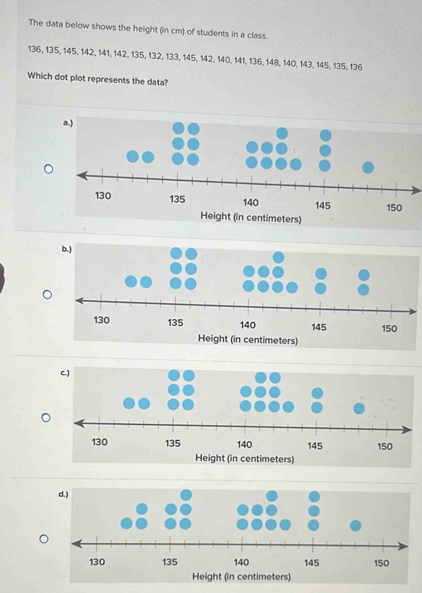 Solved: The data below shows the height (in cm) of students in a class ...