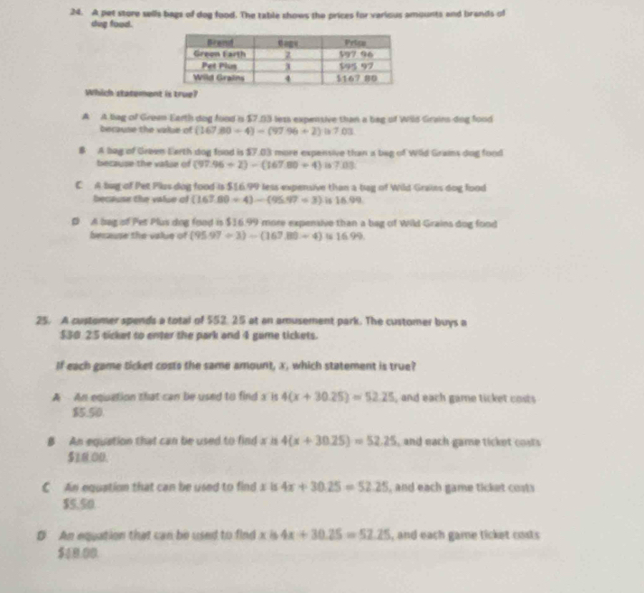 A pet store sells bags of dog food. The table zhows the prices for verious amounts and brands of
dug food.
Which statement is true?
A A liag of Green Earth dog food i $7.93 less expensive than a beg of Wild Grains dog food
because the value of (167.80/ 4)=(97.96+2) 703
B A bag of Green Earth dog food is $7.03 more expensive than a beg of Wild Grams dog food
because the vakse of (97.96/ 2)-(167.80/ 4) 1:7.08.
C A bug of Pet Plus dog food is $16.99 less expensive than a bag of Wild Grains dog food
because the value of (167.60/ 4)-(95.97/ 3) is 16.99
D A bag of Pet Plus dog food is $16.99 more expensive than a bag of Wild Grains dog food
because the value of (95.97/ 3)-(167.80/ 4) u 16.99.
25. A customer spends a total of $52. 25 at an amusement park. The customer buys a
$30 25 sicket to enter the park and 4 game tickets.
If each game ticket costs the same amount, x, which statement is true?
A An equation that can be used to find a is 4(x+30.25)=52.25 , and each game ticket costs
85.50.
B An equation that can be used to find x is 4(x+30.25)=52.25 , and each game ticket costs
$10.00.
C An equation that can be used to find x is 4x+30.25=52.25 , and each game ticket costs
$5.50
D An equation that can be used to find x is 4x+30.25=52.25 , and each game ticket costs
$18.00.