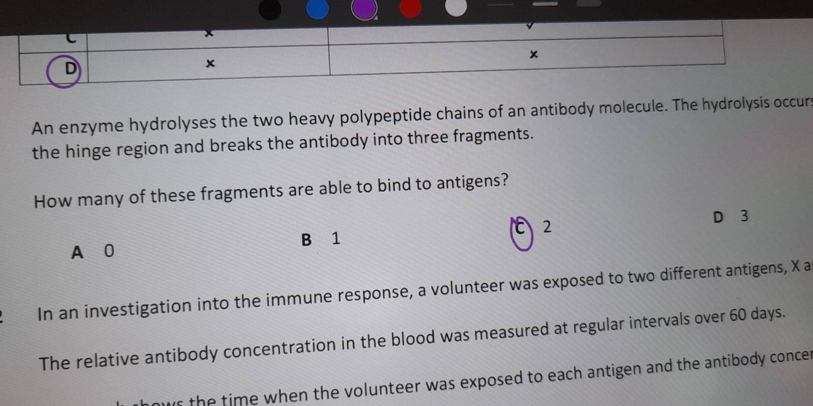 An enzyme hydrolyses the two heavy polypeptide chains of an antibody molecule. The hydrolysis occurs
the hinge region and breaks the antibody into three fragments.
How many of these fragments are able to bind to antigens?
B 1 C 2
D 3
A⩾0
In an investigation into the immune response, a volunteer was exposed to two different antigens, X a
The relative antibody concentration in the blood was measured at regular intervals over 60 days.
r the time when the volunteer was exposed to each antigen and the antibody concer