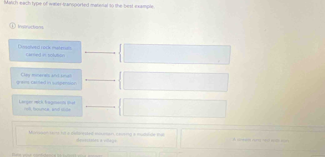 Match each type of water-transported material to the best example. 
Instructions 
Dissolved rock materals 
carried in solution 
Clay minerals and smali 
grains carried in suspension 
Larger rock fragments that 
roll, bounce, and slide 
Monsoon rains hit a deforested mountain, causing a mudslide that A stream runs red with iron 
devastates a village 
Rete your confidence to subat your answer